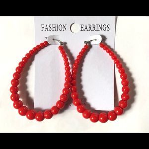 5 For $50🔥  Red-Orange Plastic Beaded Large Hoop Earrings Boho 70s Style